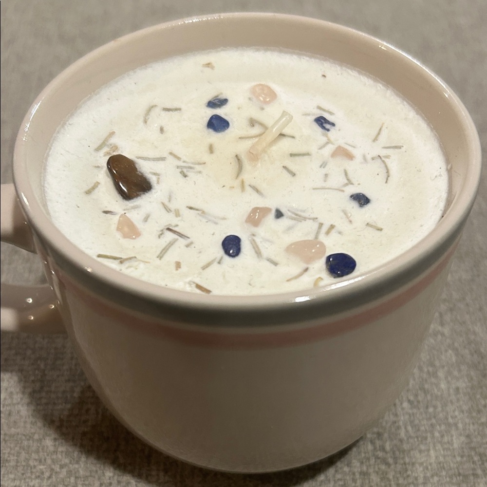 Handmade Candle in a teacup. Made with soy wax, herbs and crystals. Rose scent